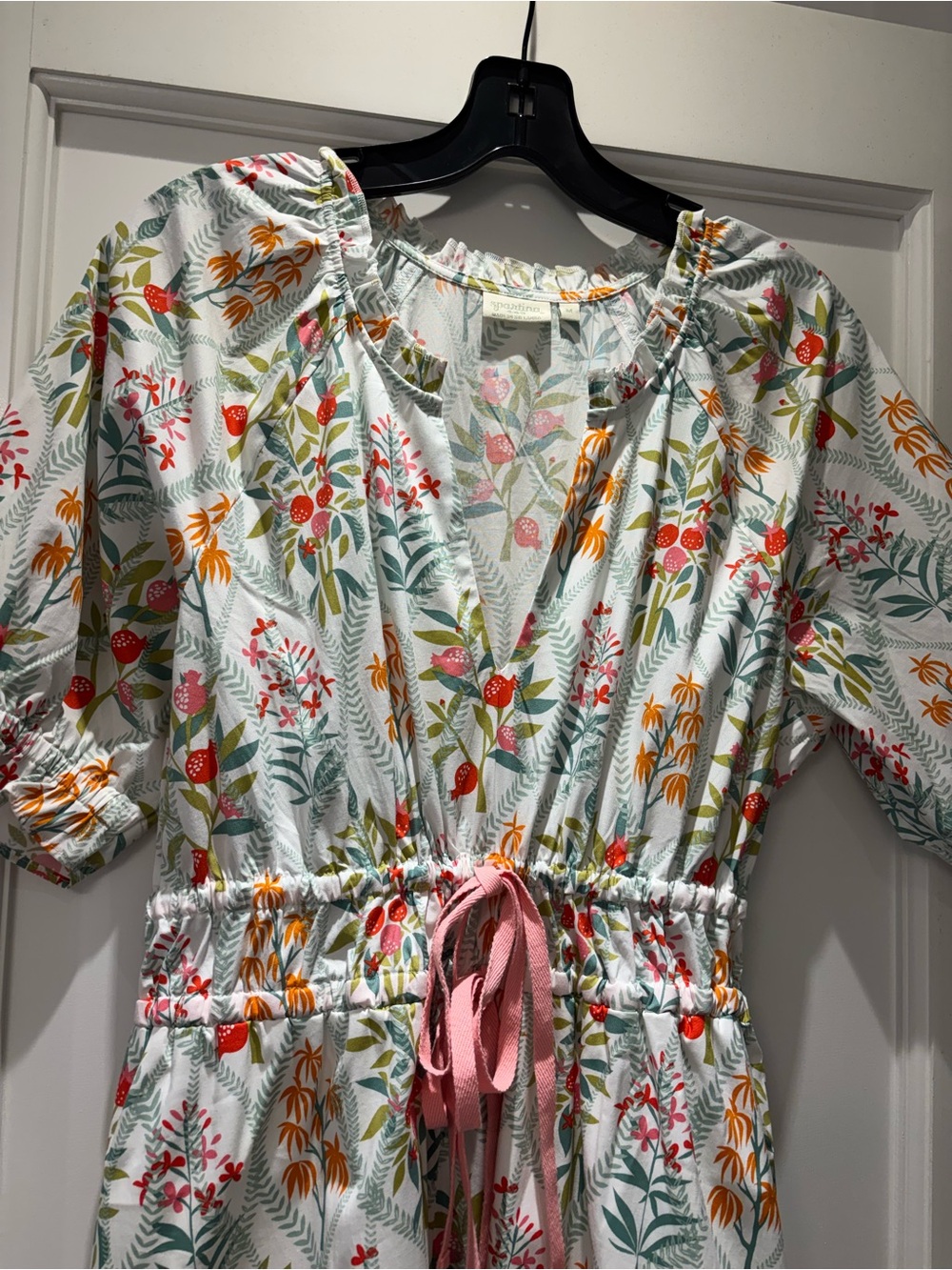 Woman's Floral Tie-Waist Dress in White with Pink & Orange Accents